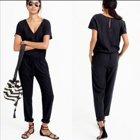 J. Crew Black Relaxed Pocket Jumpsuit In Lyocell Linen Tapered Leg Womens XXS - Picture 2 of 11